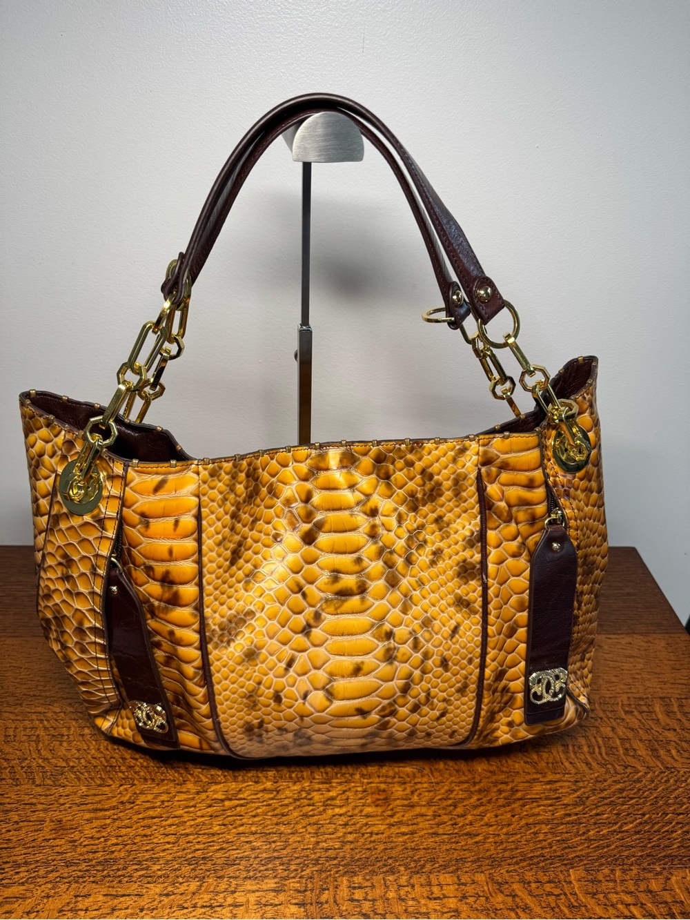 Designer-Style Yellow Snake-Embossed Shoulder Bag